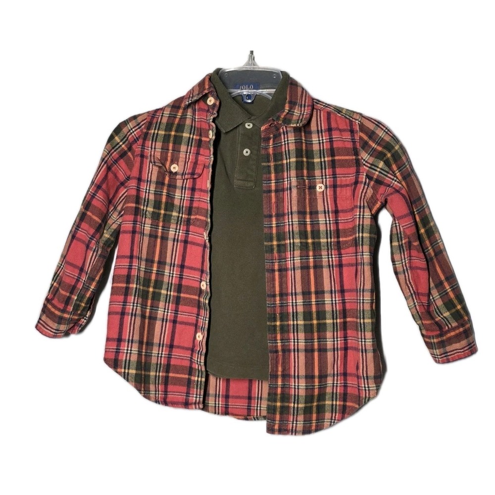 Polo Ralph Lauren Boys Polo Flannel Shirt Cotton Sz 5 With Short Sleeve Shirt